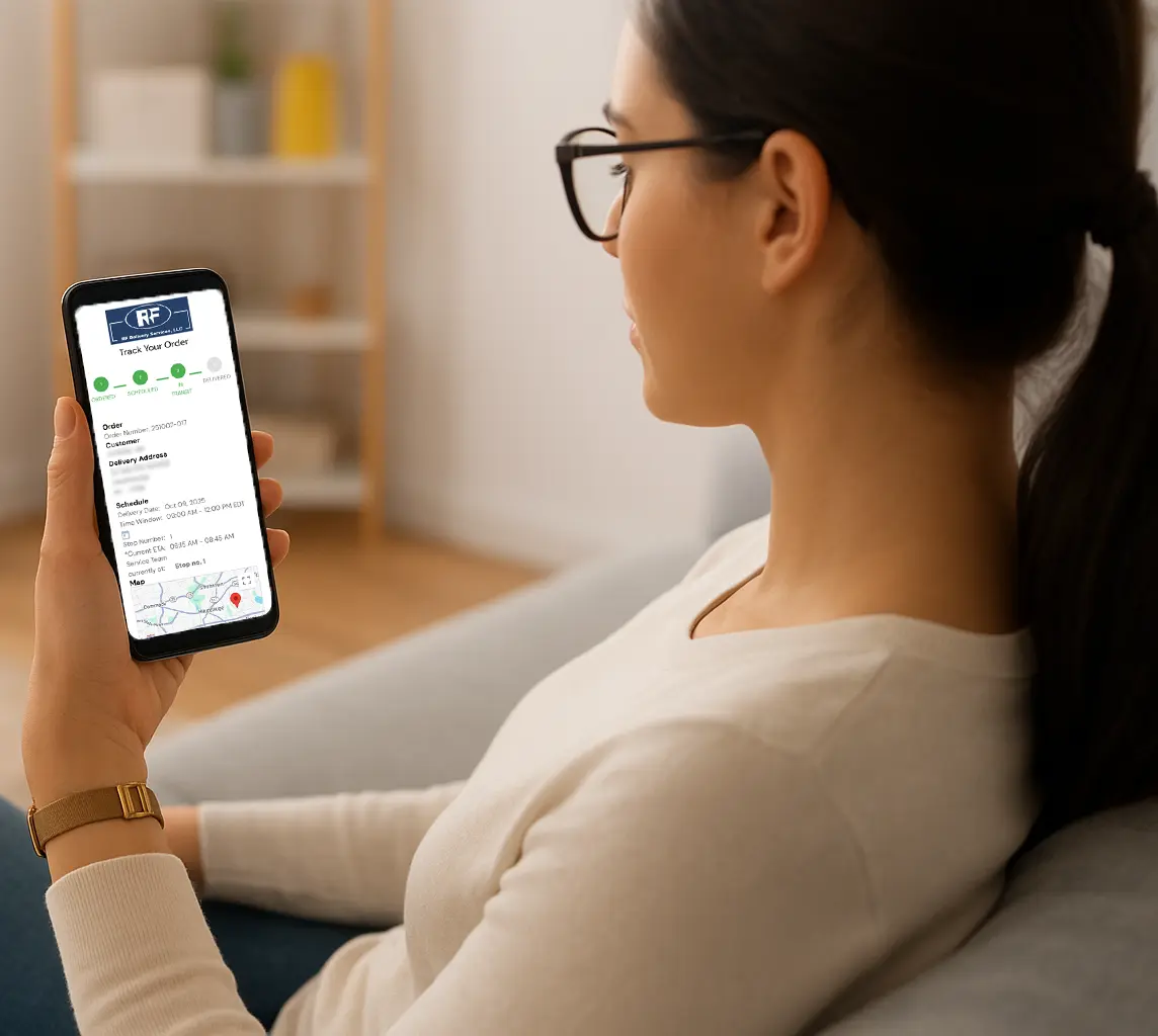 Customer checking RF Delivery’s DispatchTrack-powered real-time order tracking on her phone while waiting at home
